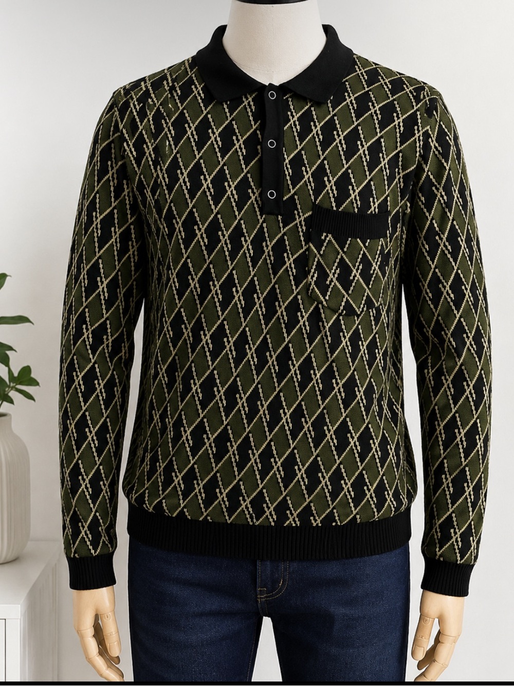 Percival Men's Cotton Jacquard Knit Polo Sweater Green Black Geometric Pattern L